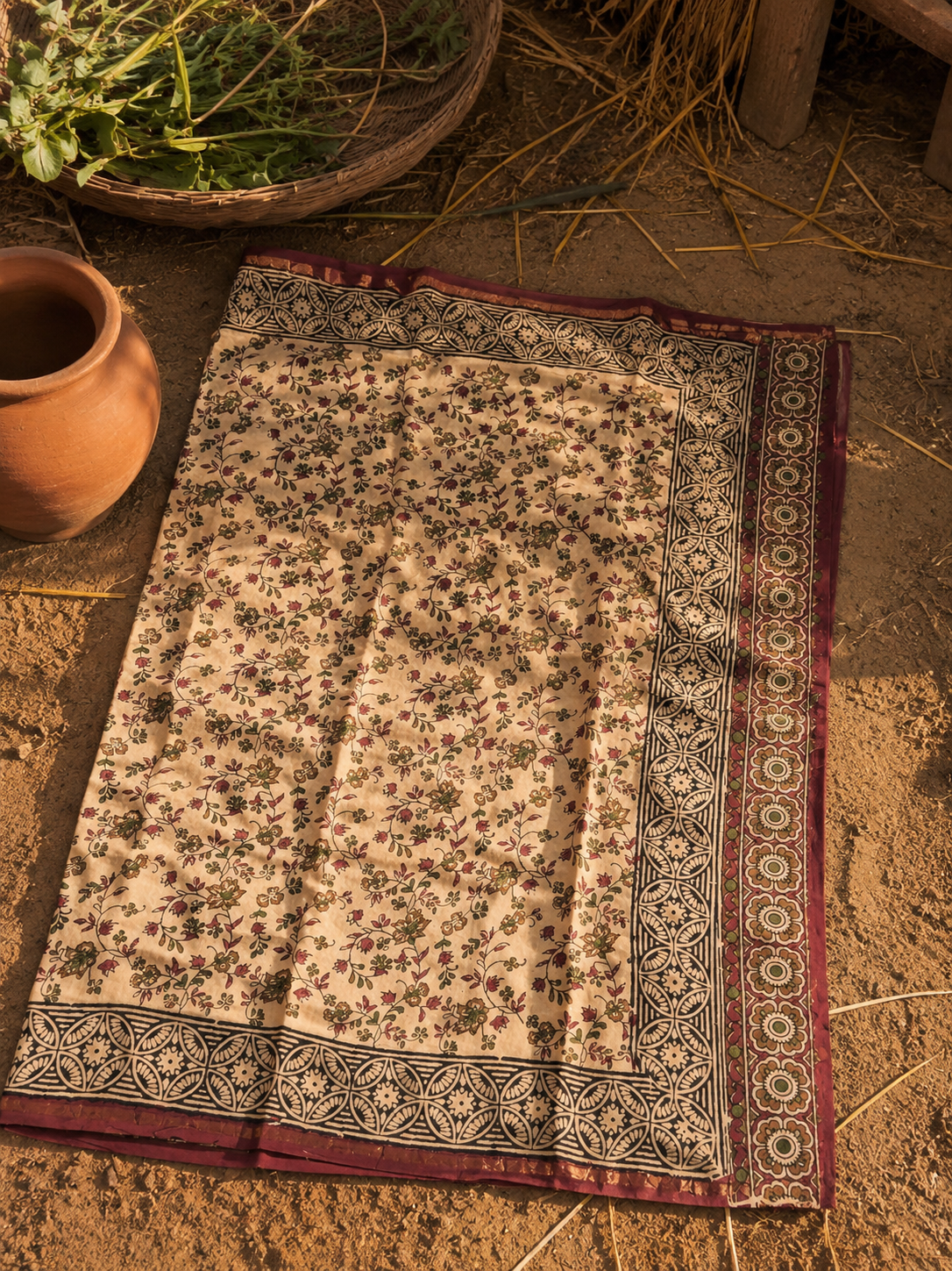 Premium cream Kalamkari Chanderi saree fabric featuring traditional Kalamkari-inspired floral print.