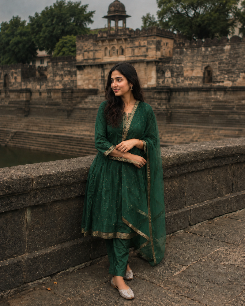 Handcrafted suit sets made by Indian women artisans featuring Chanderi, Maheshwari and traditional handloom craftsmanship at Maheshwar Fort.