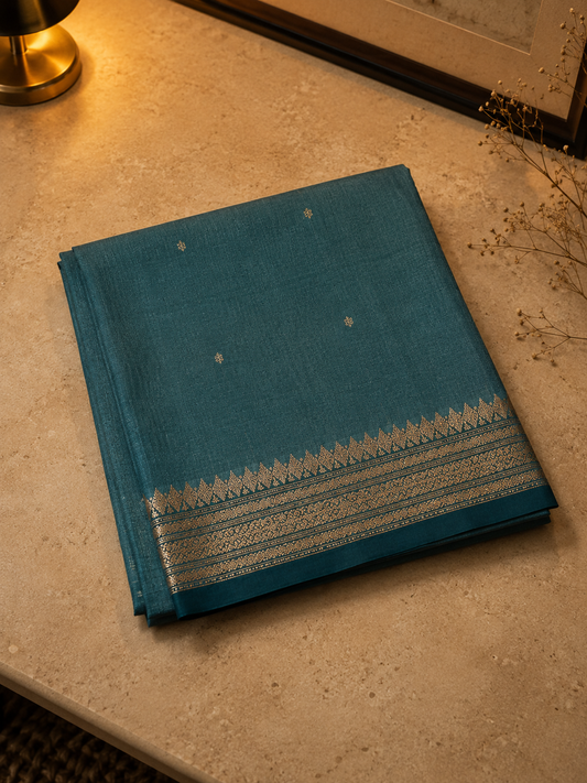 Blue Green Teal Handwoven Maheshwari Saree