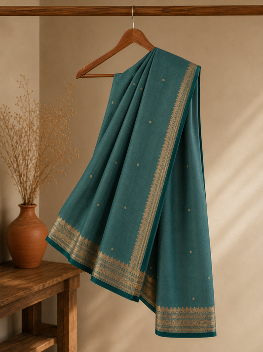 Blue Green Teal Handwoven Maheshwari Saree