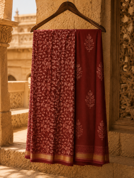 Maroon Hand Block Printed Chanderi Suit Set with Zari Border