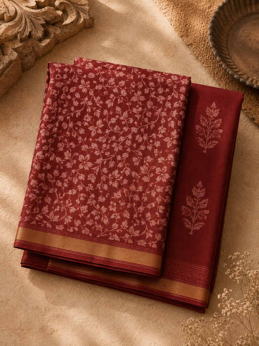 Maroon Hand Block Printed Chanderi Suit Set with Zari Border