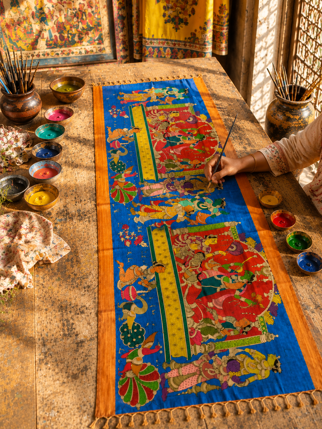 Handcrafted Kalamkari Mangalagiri Silk Dupatta | Mythological Hand-Painted Art