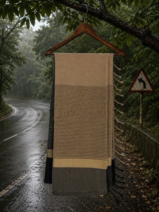 Beige handwoven Chanderi saree with black woven border and tassel detailing displayed against a scenic monsoon forest backdrop.