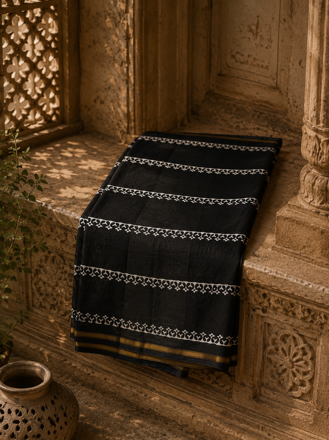 Close-up of the premium Chanderi fabric and zari border on a handcrafted black saree.