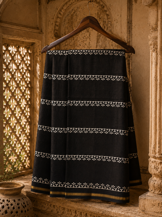 Handcrafted black Chanderi saree with elegant zari border by women artisans from DeshSutram.
