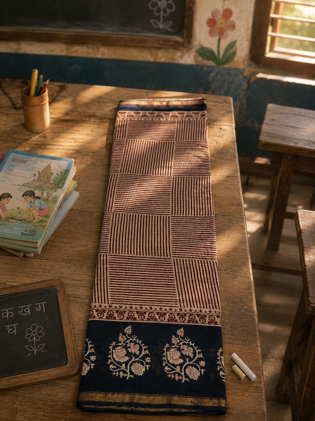 Detailed view of premium black Chanderi handloom saree fabric with traditional hand block print and zari border.
