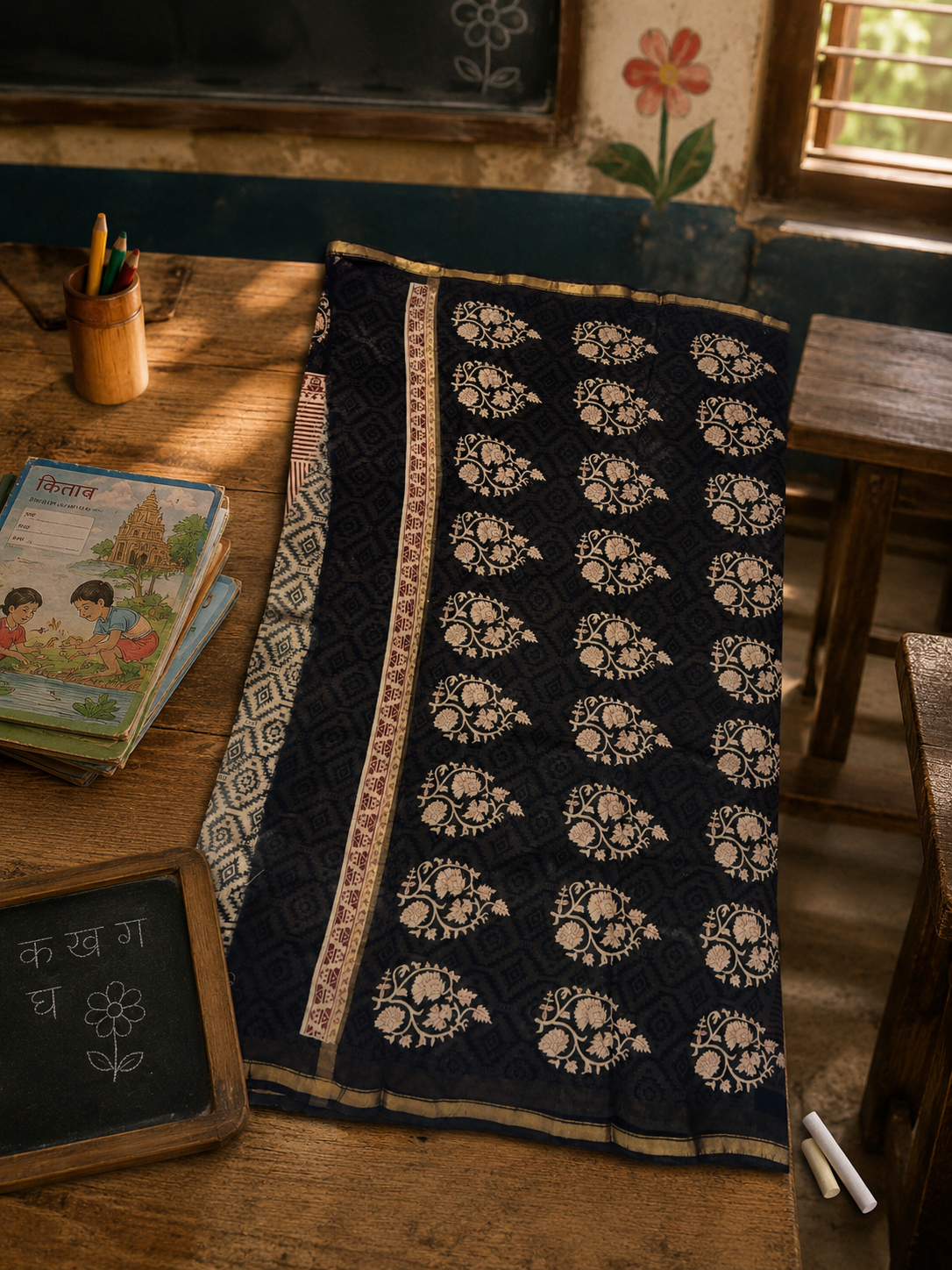 Close-up of black Chanderi saree showcasing hand block printed floral motifs and elegant zari border.