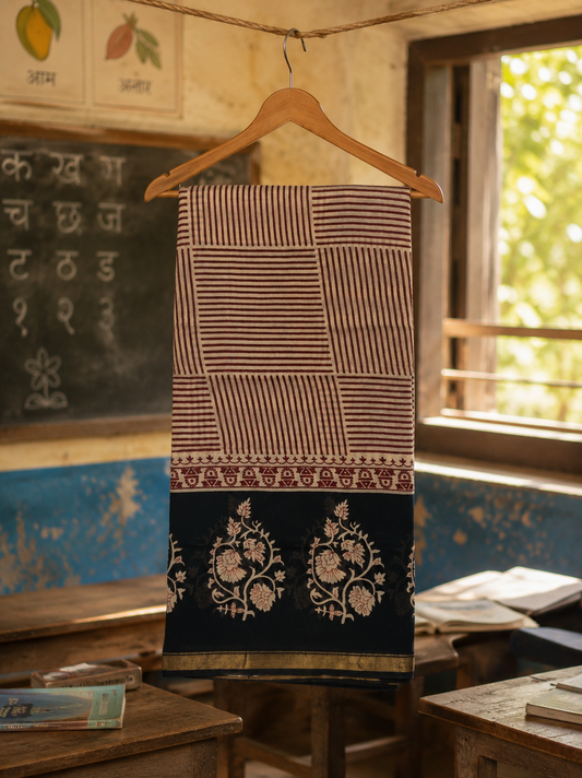 Black hand block printed Chanderi saree with zari border hanging on a wooden hanger, handcrafted by women artisans.