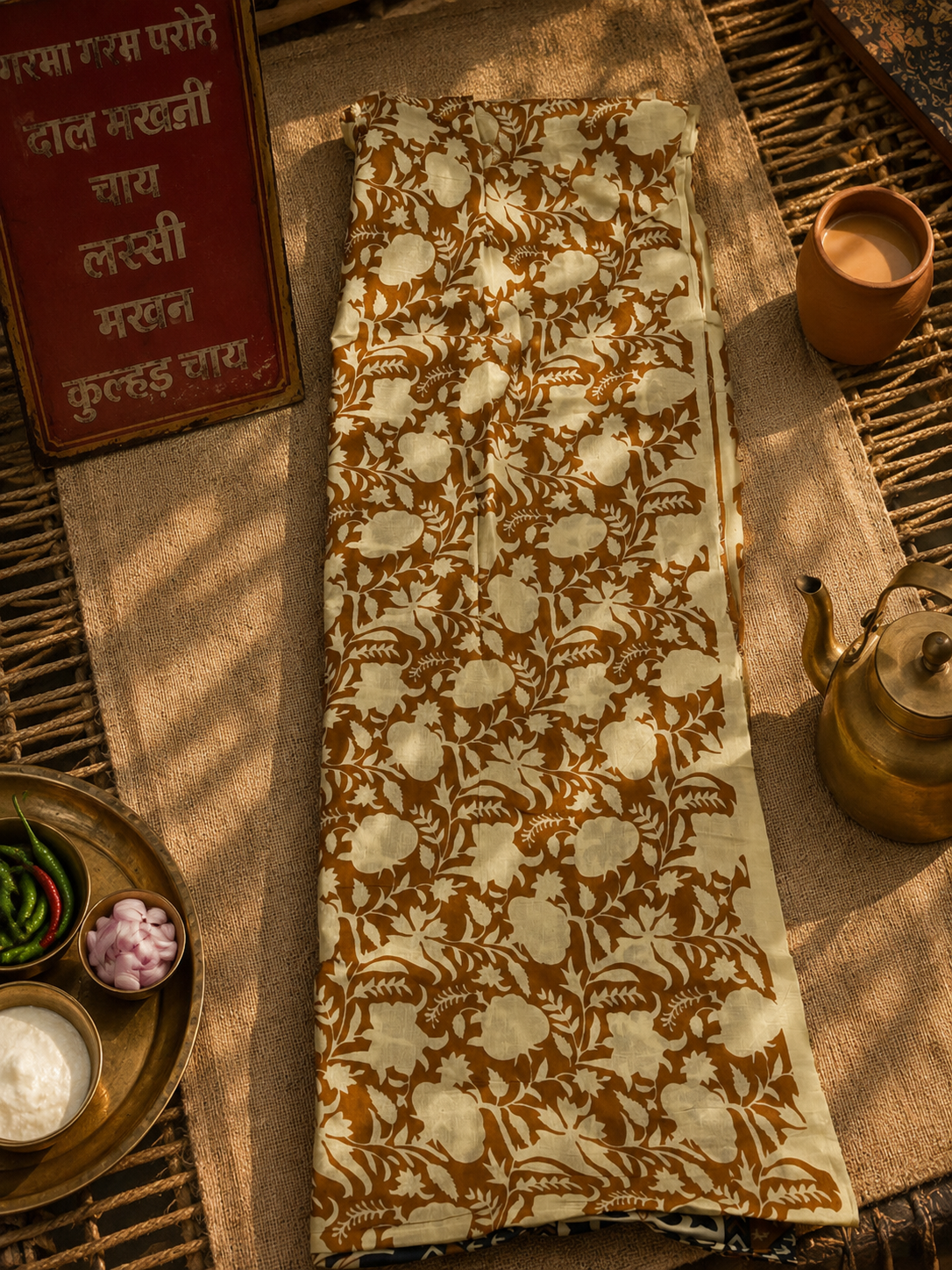 Close-up of premium Mul cotton fabric with traditional hand block printing on a black saree by DeshSutram.