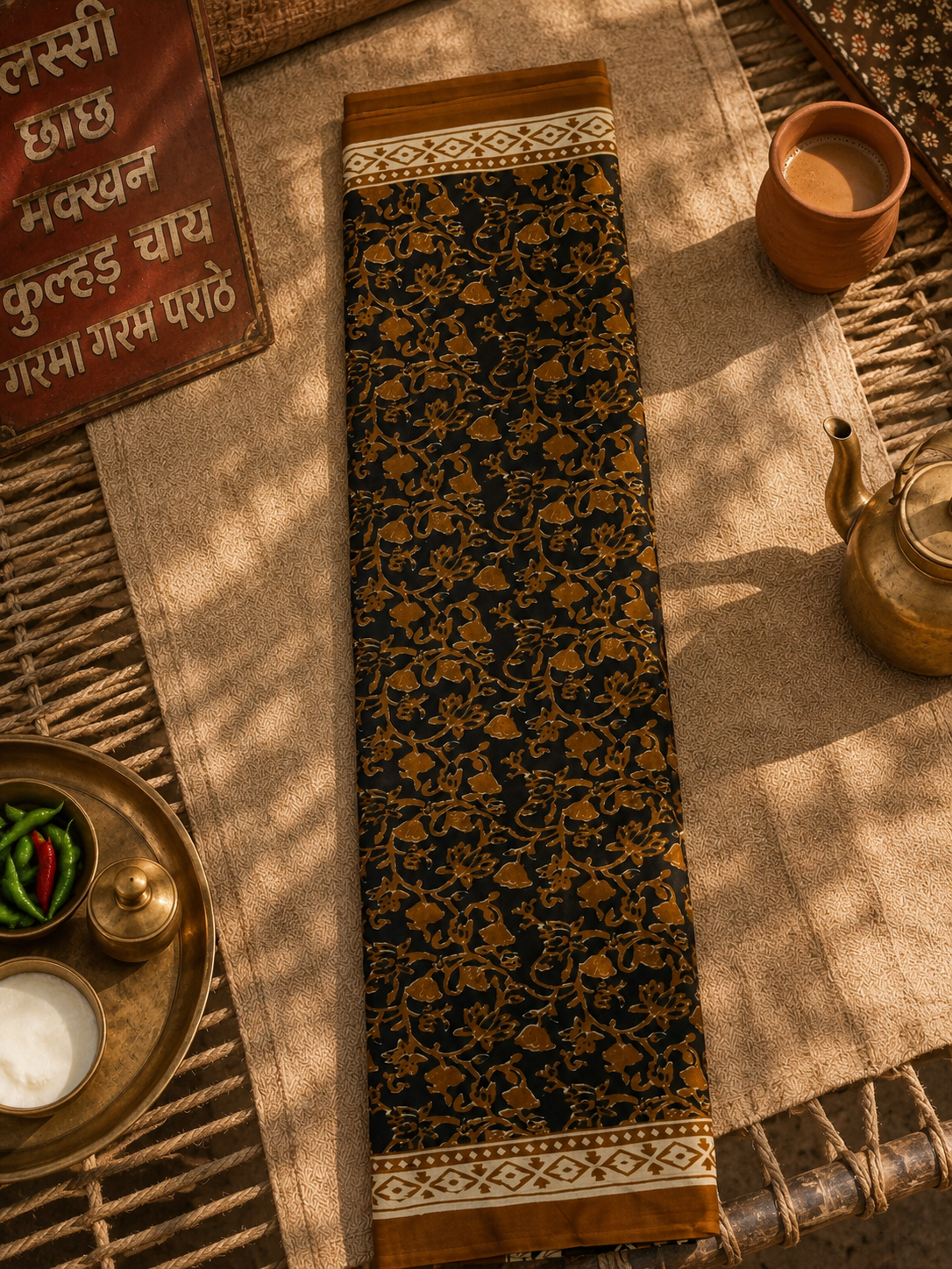 Folded black Mul cotton saree showcasing traditional hand block printed floral patterns.