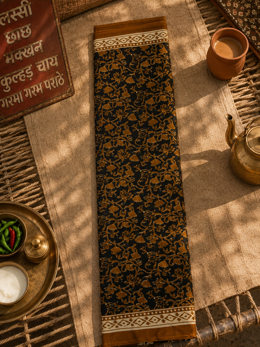 Folded black Mul cotton saree showcasing traditional hand block printed floral patterns.