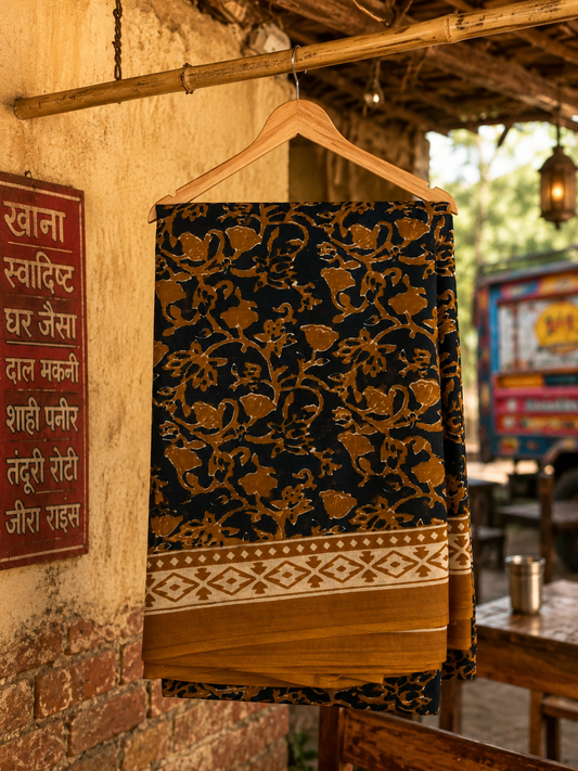 Black hand block printed Mul cotton saree with earthy floral motifs hanging on a wooden hanger.