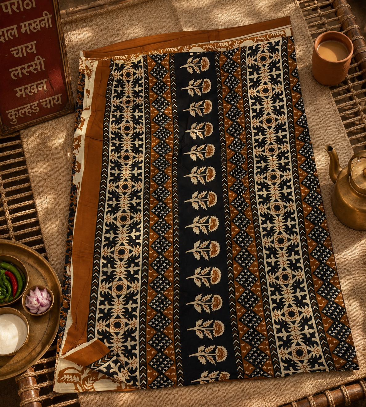 Detailed view of handcrafted black Mul cotton saree featuring intricate hand block printed pallu.