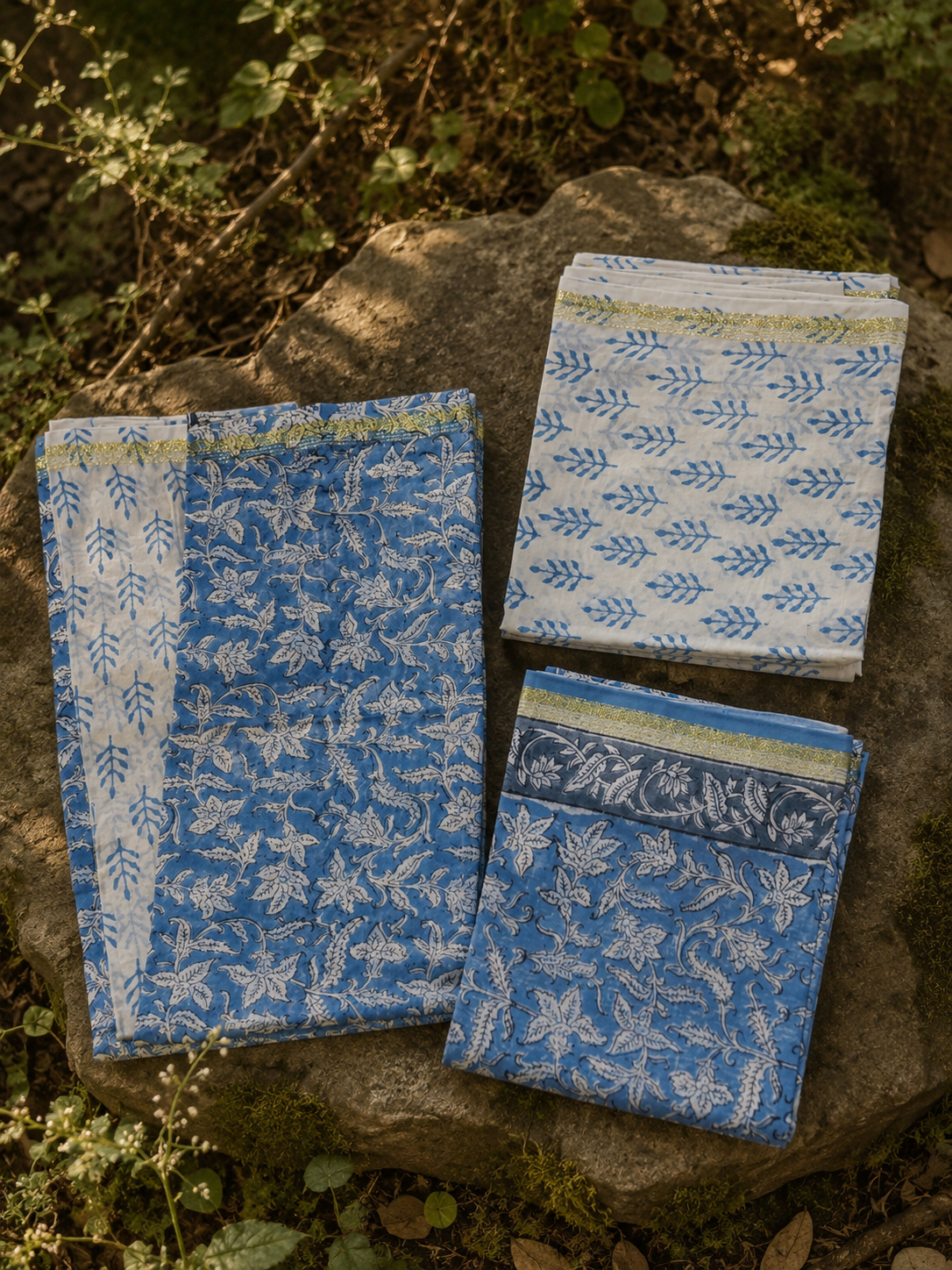 Blue hand block printed Chanderi suit set with zari border handcrafted by women artisans.