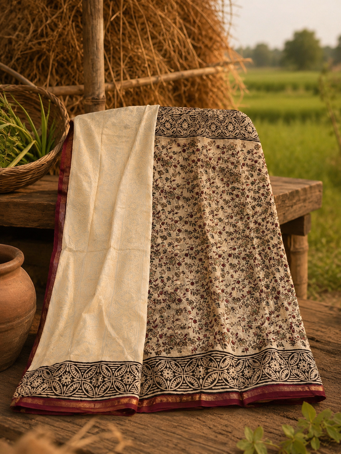 Close-up of cream Kalamkari Chanderi saree highlighting zari border and handcrafted detailing.