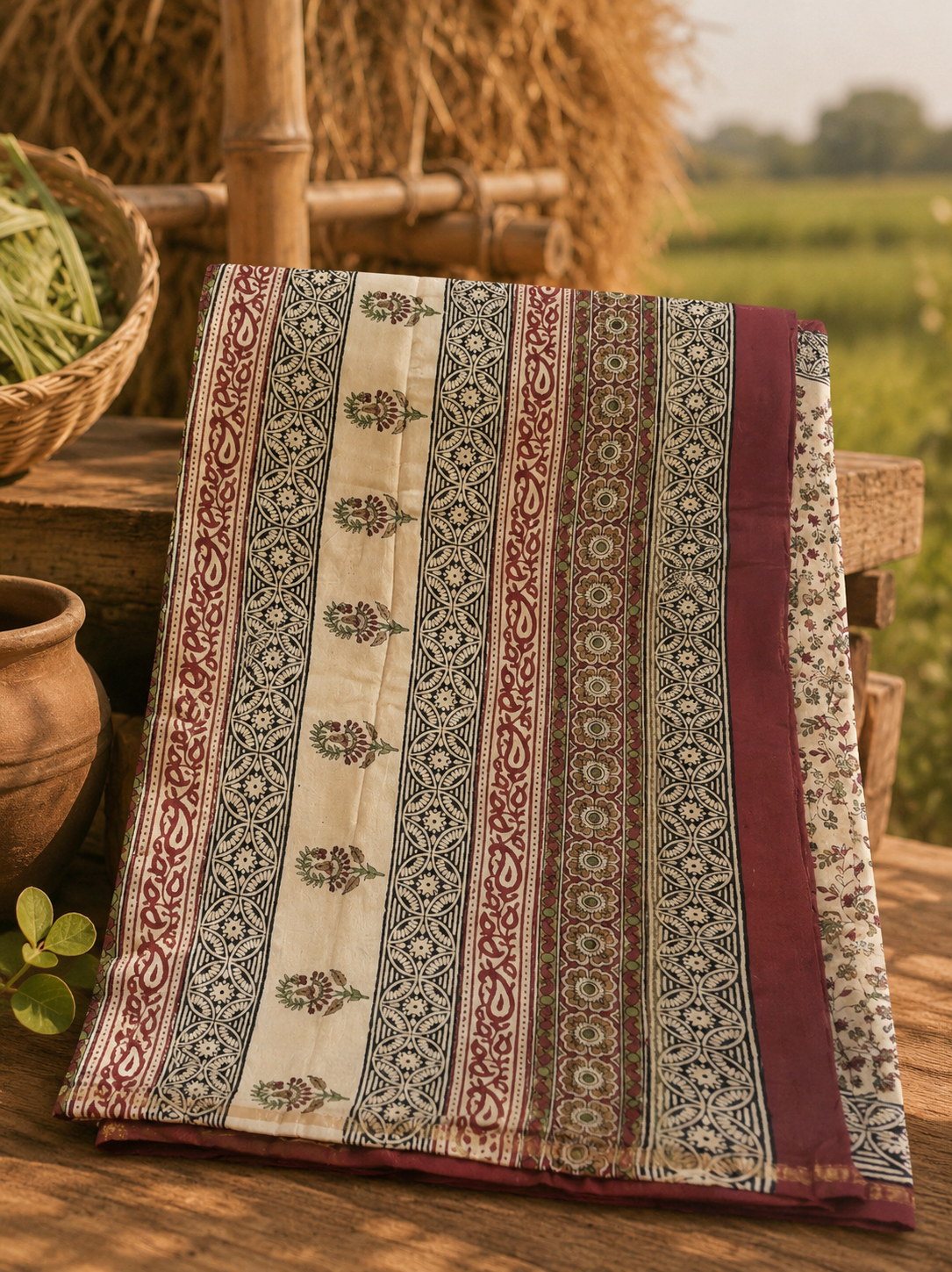 Folded cream Kalamkari Chanderi saree showcasing traditional border and floral motifs.