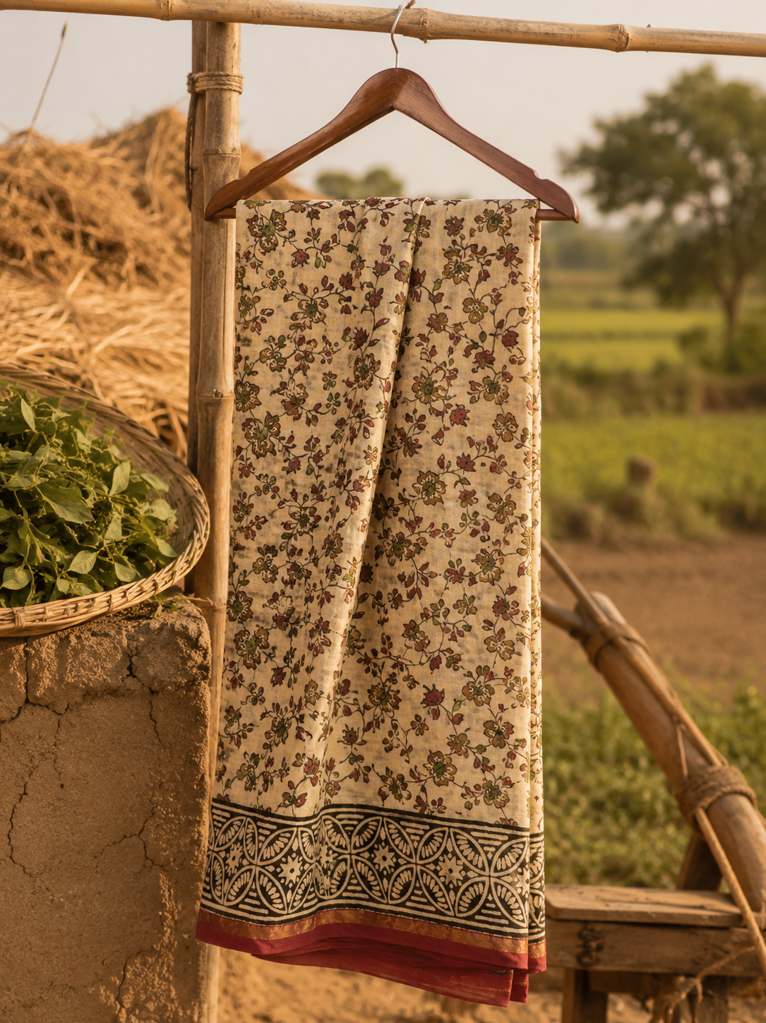 Handcrafted cream Kalamkari Chanderi saree with elegant zari border by women artisans.