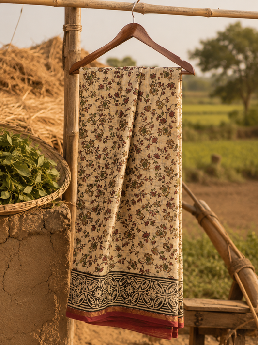 Handcrafted cream Kalamkari Chanderi saree with elegant zari border by women artisans.