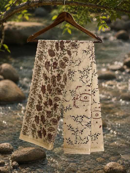 Complete cream Kalamkari Chanderi suit set featuring kurta, bottom and dupatta with traditional hand block prints.