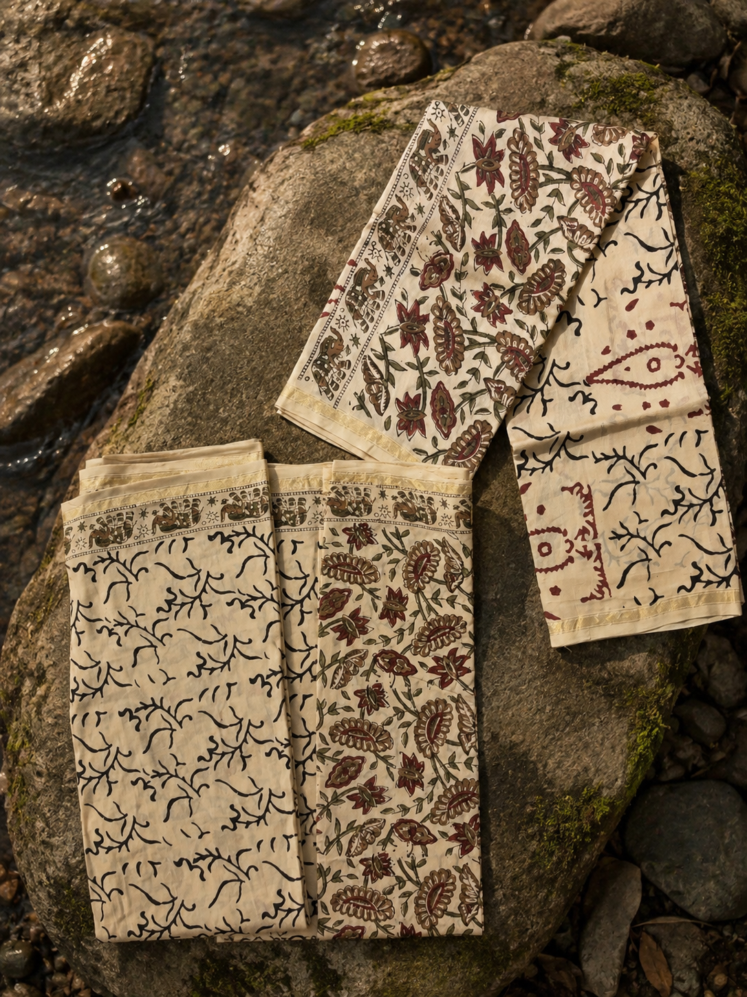 Cream Kalamkari Chanderi suit set with traditional hand block print and zari border.