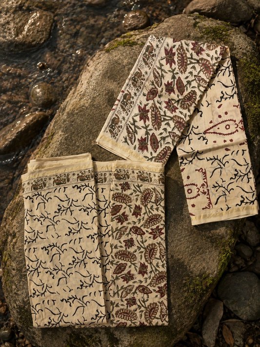 Cream Kalamkari Chanderi suit set with traditional hand block print and zari border.