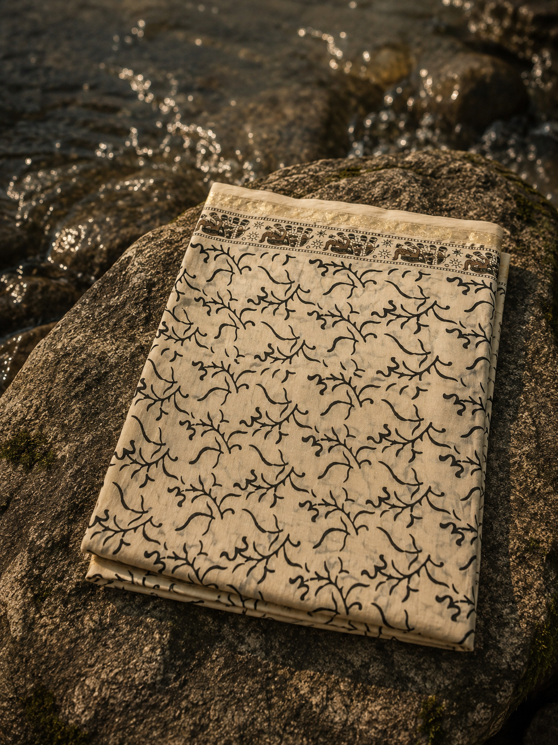 Cream Kalamkari Chanderi dupatta featuring traditional floral hand block print and elegant zari border.