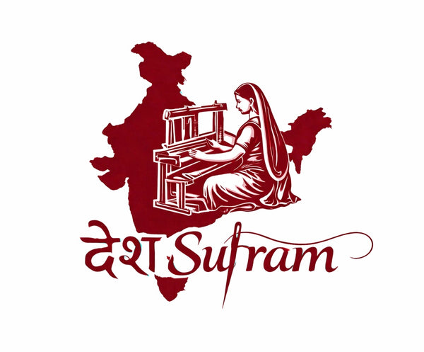 DeshSutram logo featuring a woman artisan weaving on a traditional handloom with the map of India, representing handcrafted Indian handloom products.