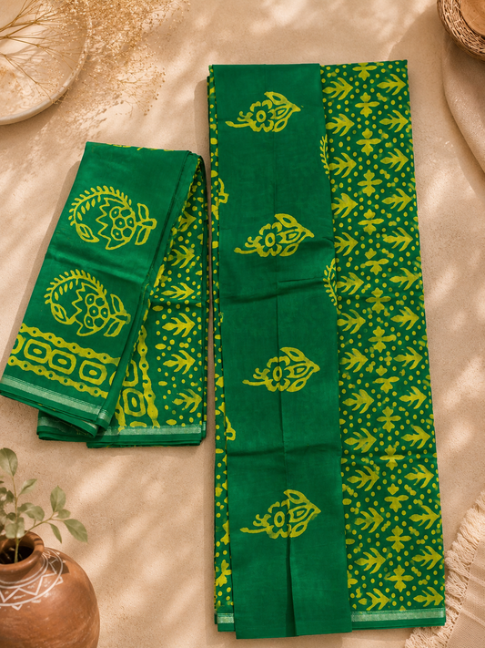 Close-up of traditional hand block printed motifs on a green Chanderi suit set with zari border.