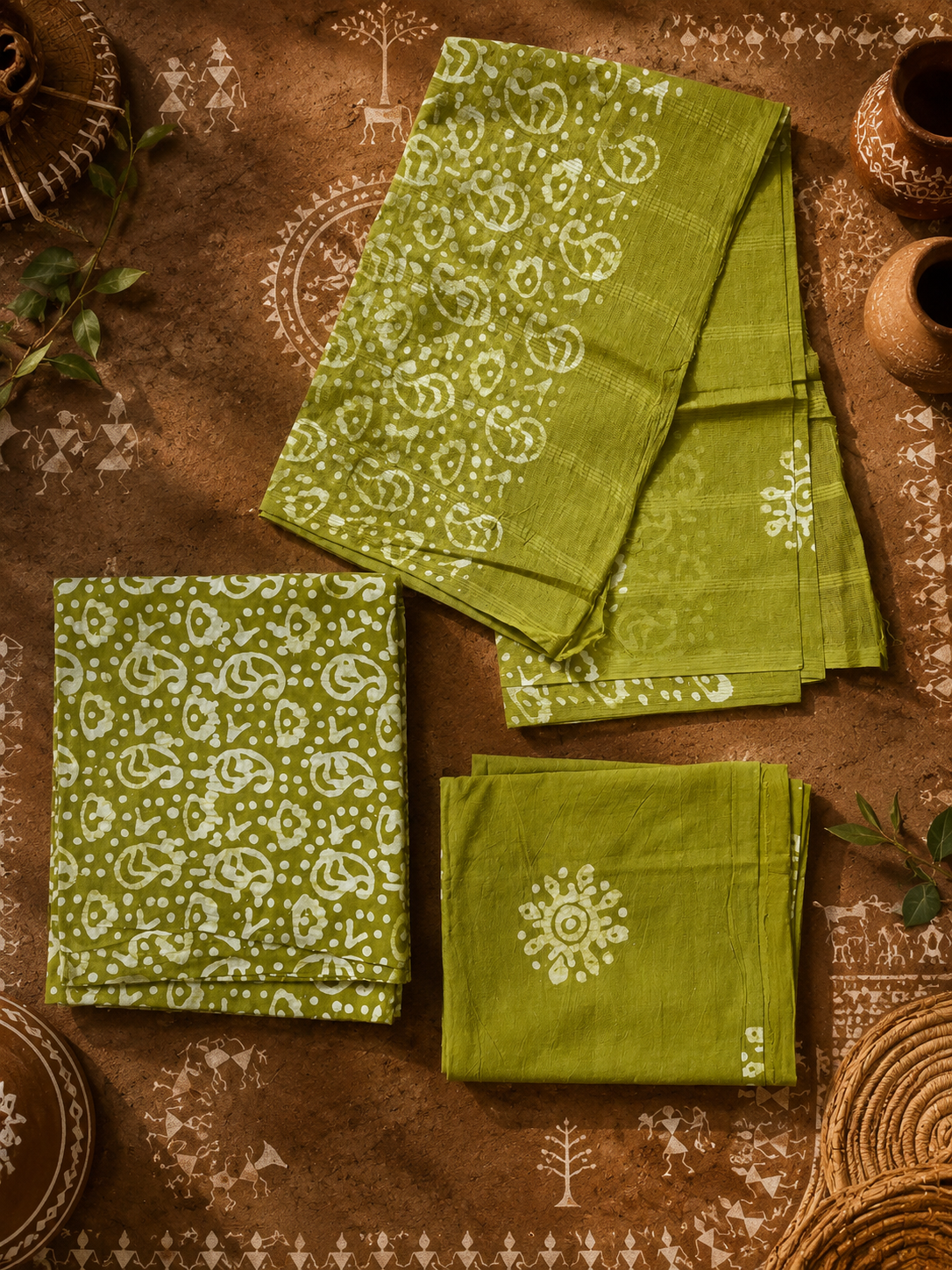Complete green cotton suit set featuring traditional hand block printed kurta, bottom and dupatta.