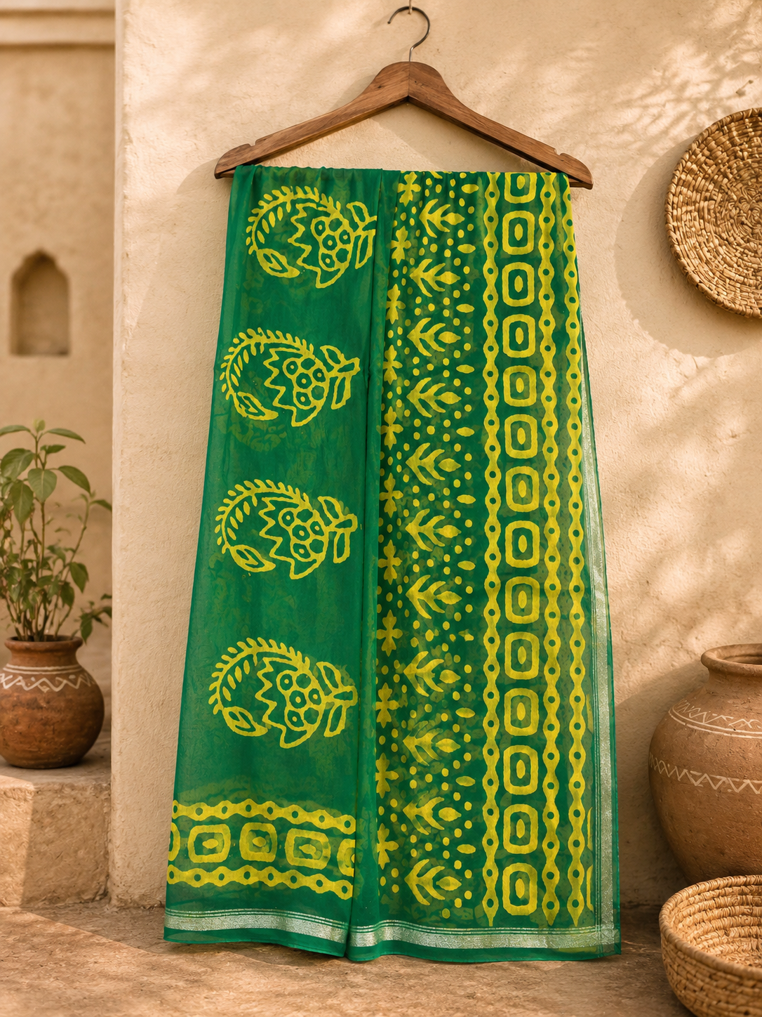 Green hand block printed Chanderi suit set with zari border handcrafted by women artisans.