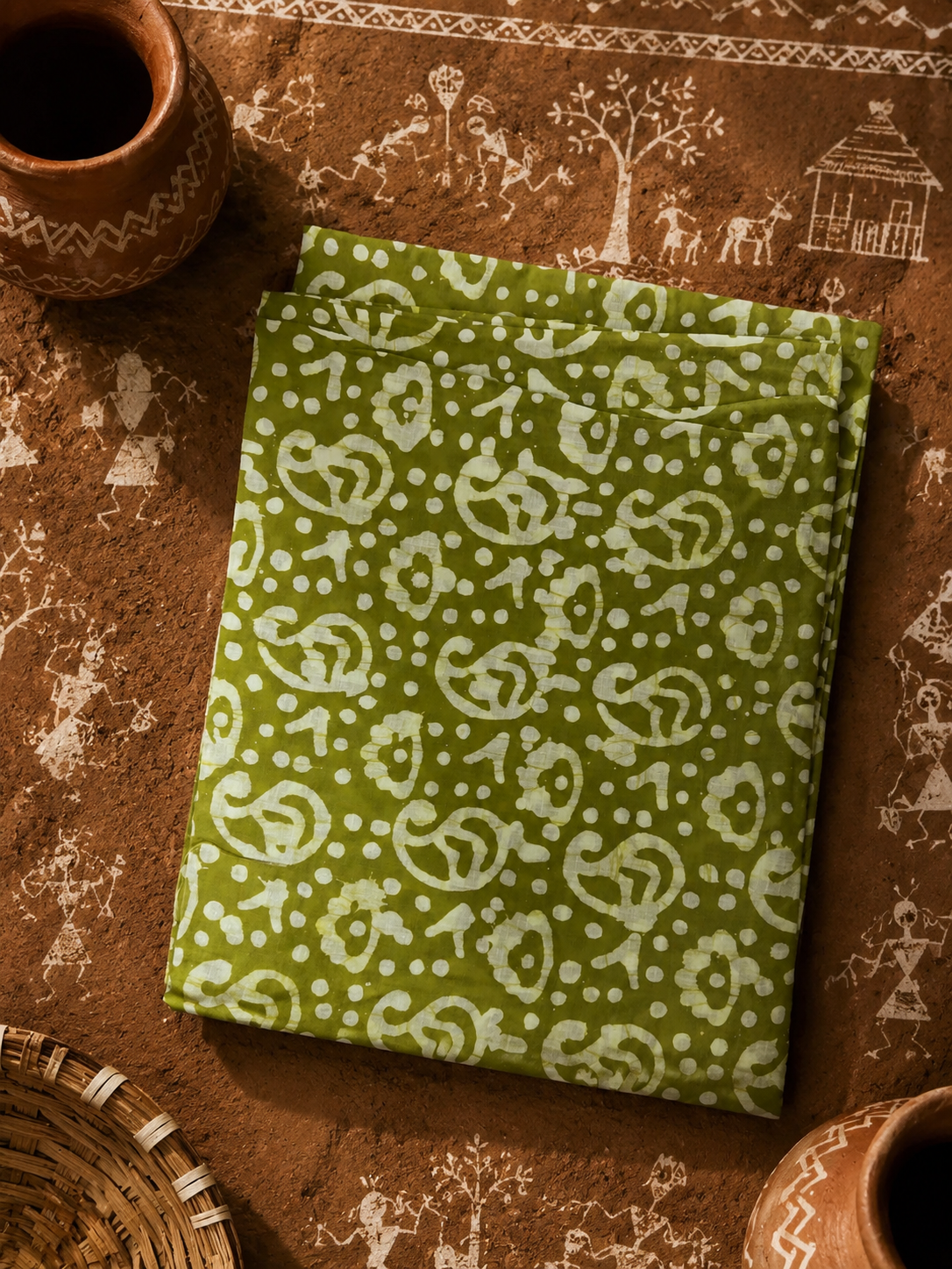 Folded green hand block printed cotton kurta with traditional artisan motifs.