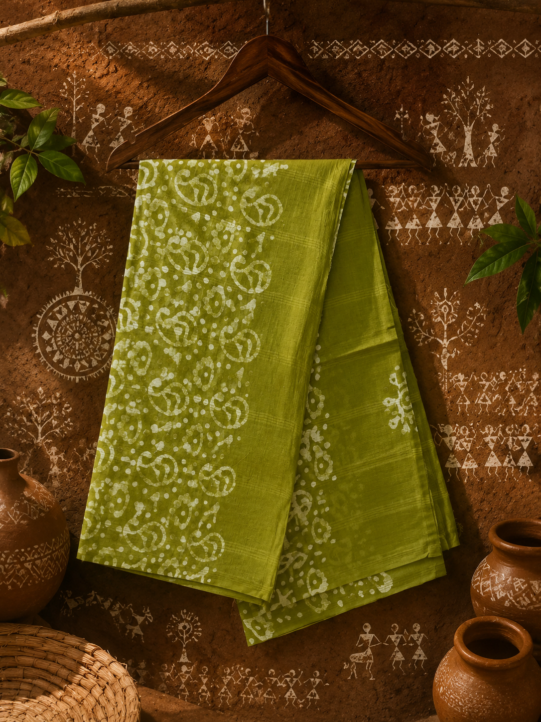 Green hand block printed cotton suit set with kurta, bottom and dupatta by DeshSutram.