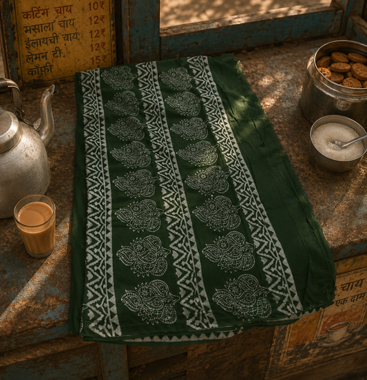 Folded green Mulmul cotton saree showcasing intricate white hand block printed floral and paisley motifs.
