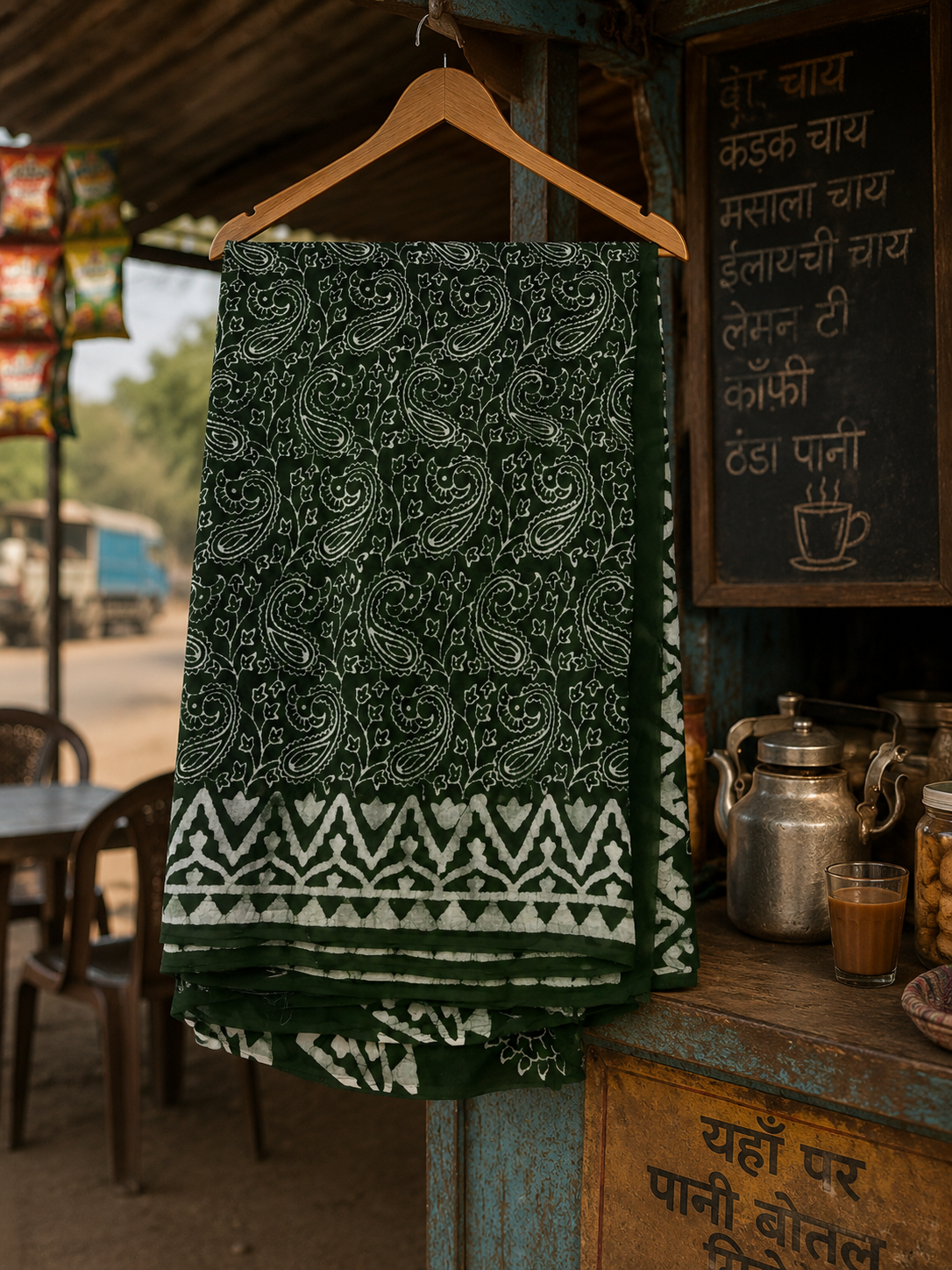 Green hand block printed Mulmul cotton saree with traditional paisley motifs hanging on a wooden hanger.