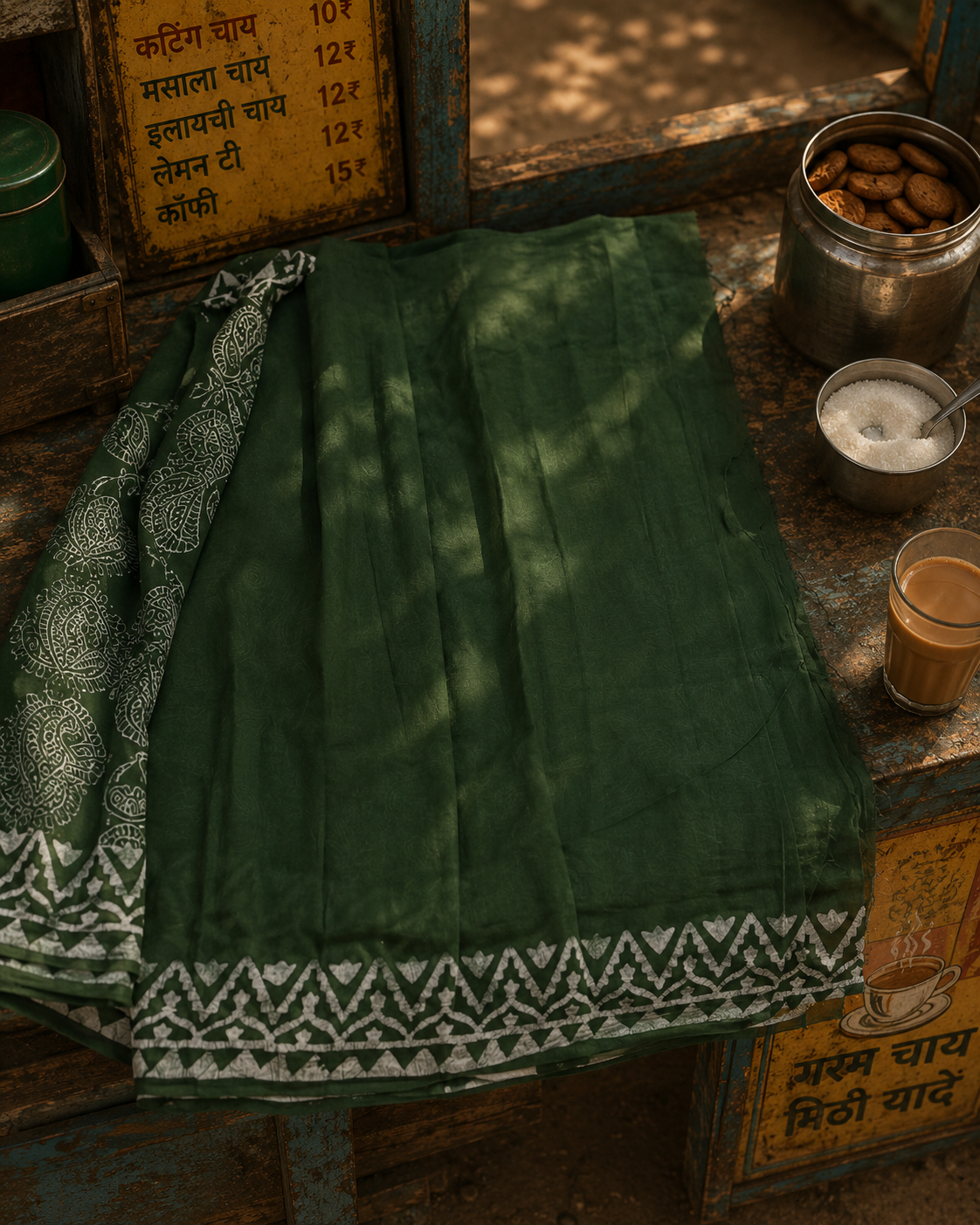 Detailed view of handcrafted green Mulmul cotton saree featuring traditional hand block printed border and pallu.