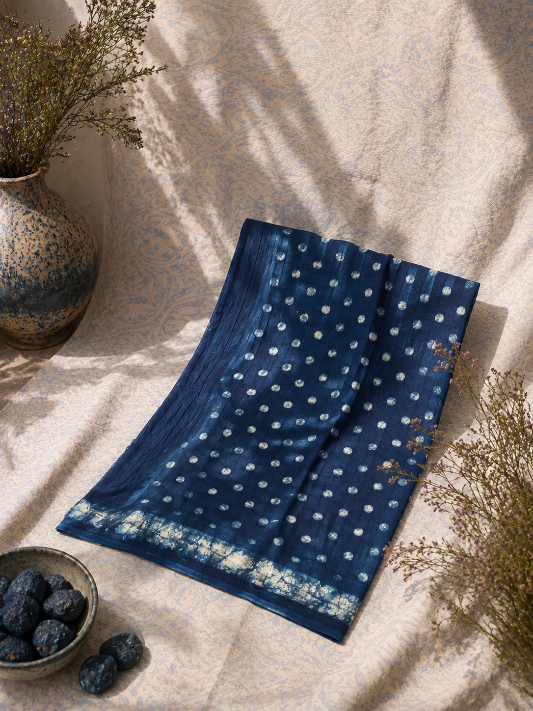 Soft handcrafted Indigo Blue Mul Cotton Saree for women with traditional batik-inspired handcrafted design.