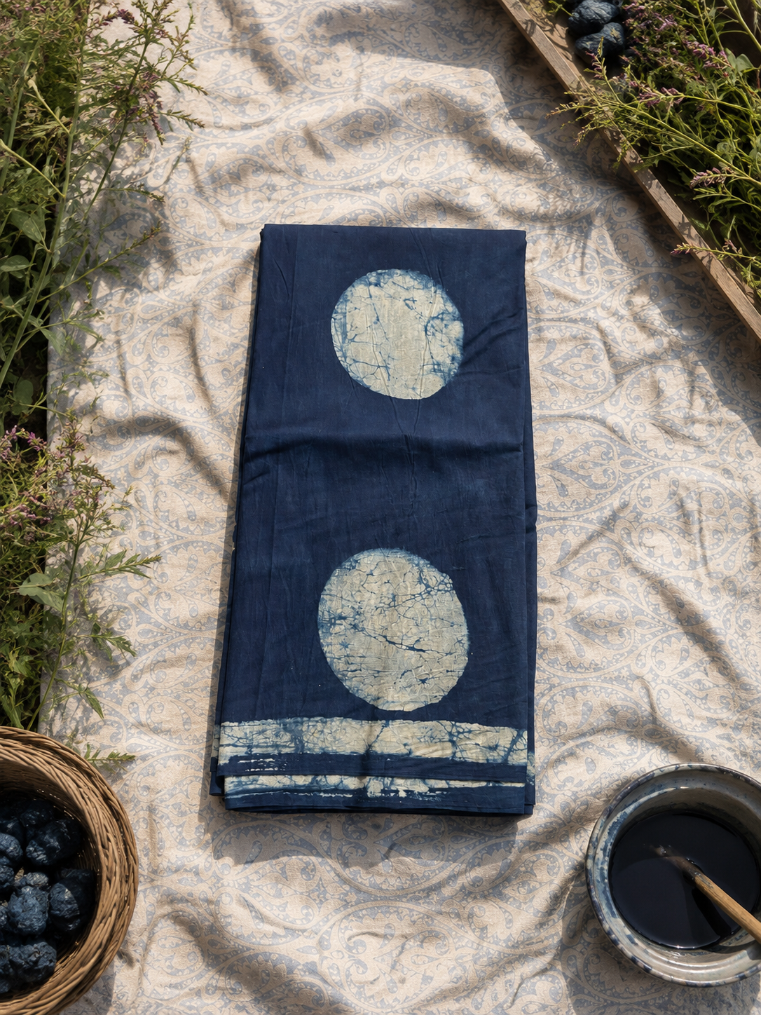 Handcrafted Indigo Blue Mul Cotton Saree with traditional batik-inspired dotted motifs.