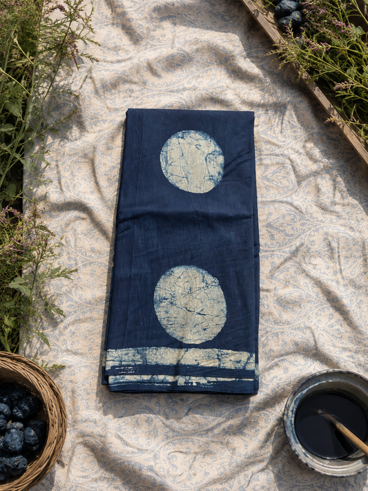 Handcrafted Indigo Blue Mul Cotton Saree with traditional batik-inspired dotted motifs.