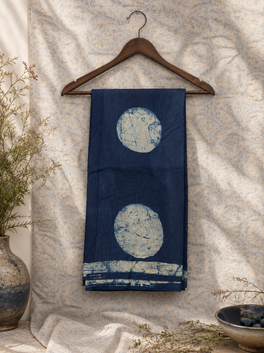 Premium handcrafted Indigo Blue Mul Cotton Saree showcasing batik-inspired border and circular motifs.