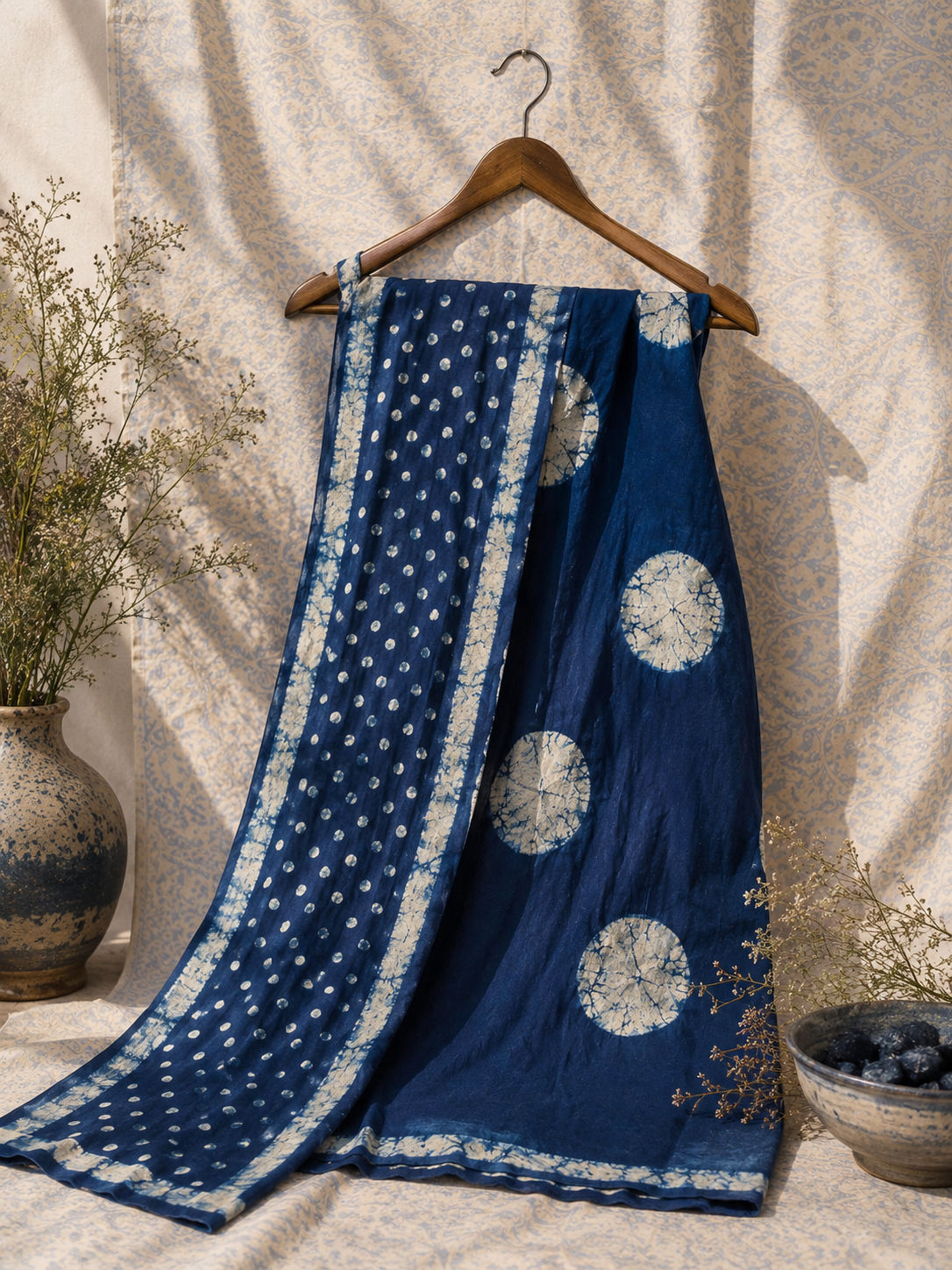 Indigo Blue Handloom Mul Cotton Saree featuring handcrafted batik circular motifs and elegant pallu.