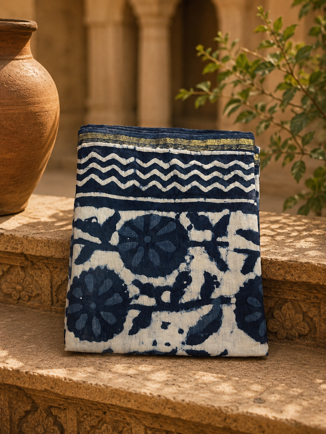 Premium Indigo Chanderi suit set featuring handcrafted block print design and elegant zari border.
