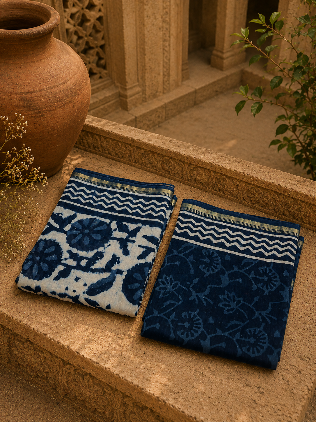 Close-up of traditional floral hand block print on an Indigo Chanderi suit set with zari border.
