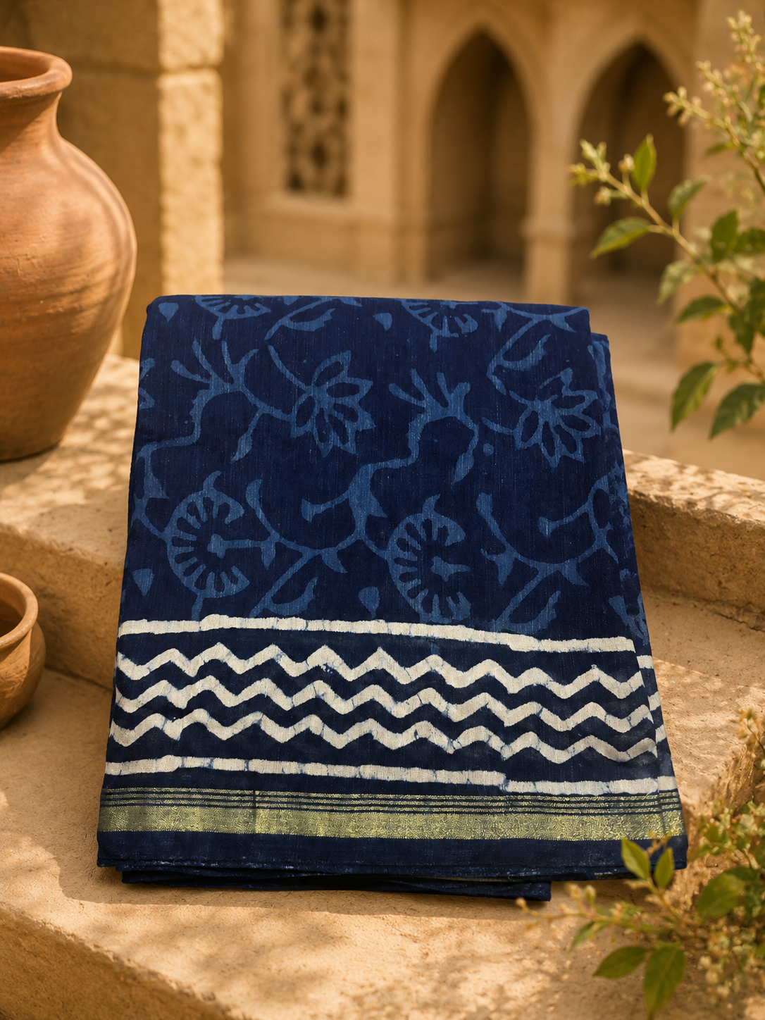 Premium Indigo Chanderi suit set featuring handcrafted block print design and elegant zari border.