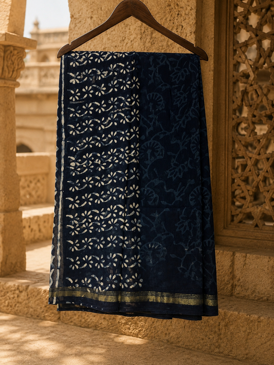 Indigo hand block printed Chanderi suit set with zari border handcrafted by women artisans.