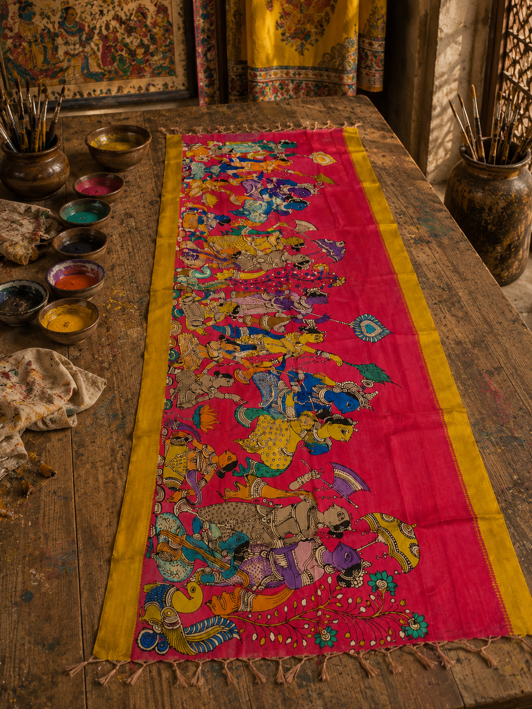Premium handcrafted Kalamkari Mangalagiri silk dupatta showcasing vibrant mythological artwork inspired by Indian heritage.