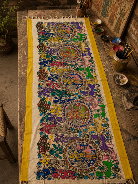 Handcrafted Mangalagiri silk dupatta featuring intricate Kalamkari mythological artwork and colourful traditional motifs.