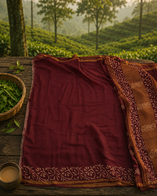 Close-up of handcrafted maroon linen cotton saree highlighting hand block printed border, rich texture and zari detailing.
