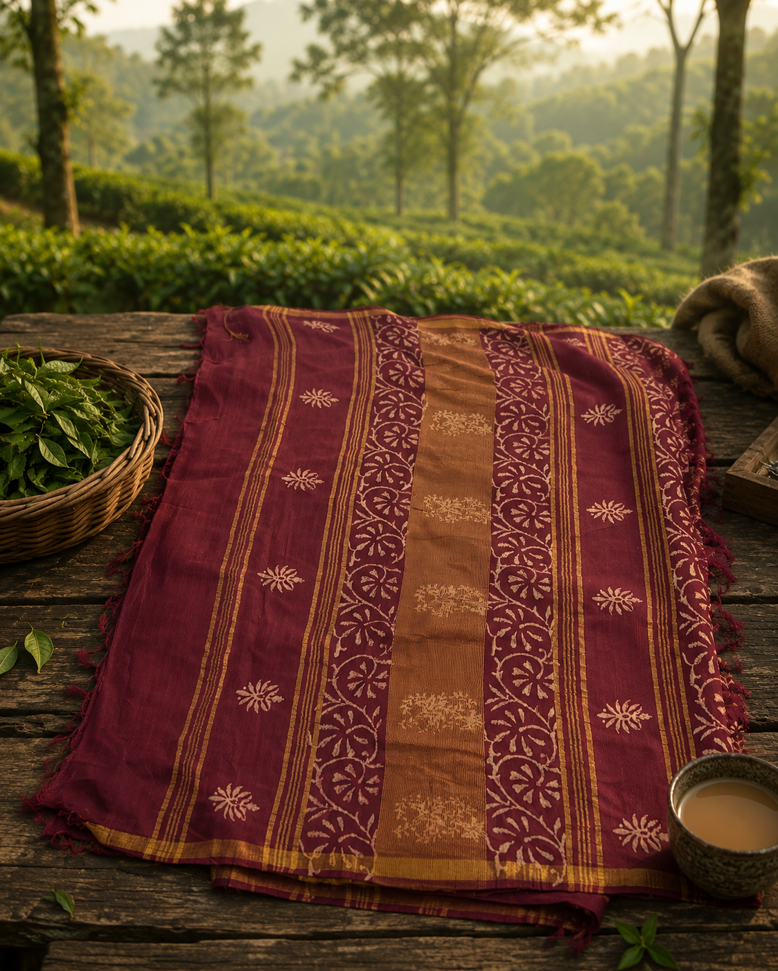 Folded maroon linen cotton saree featuring delicate hand block printed motifs and elegant zari border.