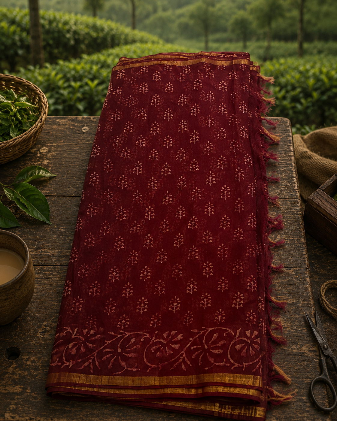 Detailed view of the handcrafted maroon linen cotton saree showcasing traditional hand block printed pallu and zari border.